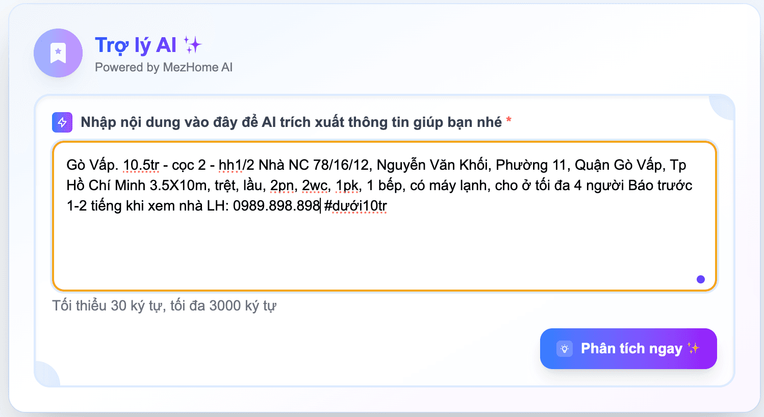 Bước 5: Điền nội dung vào Trợ lý AI và chọn Phân tích ngay