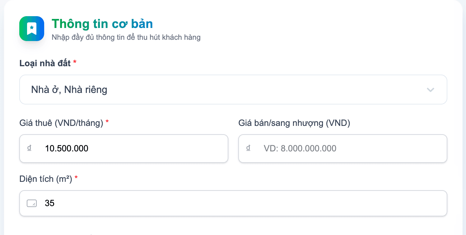 Bước 6: Chọn loại hình cho thuê, nhập giá và diện tích