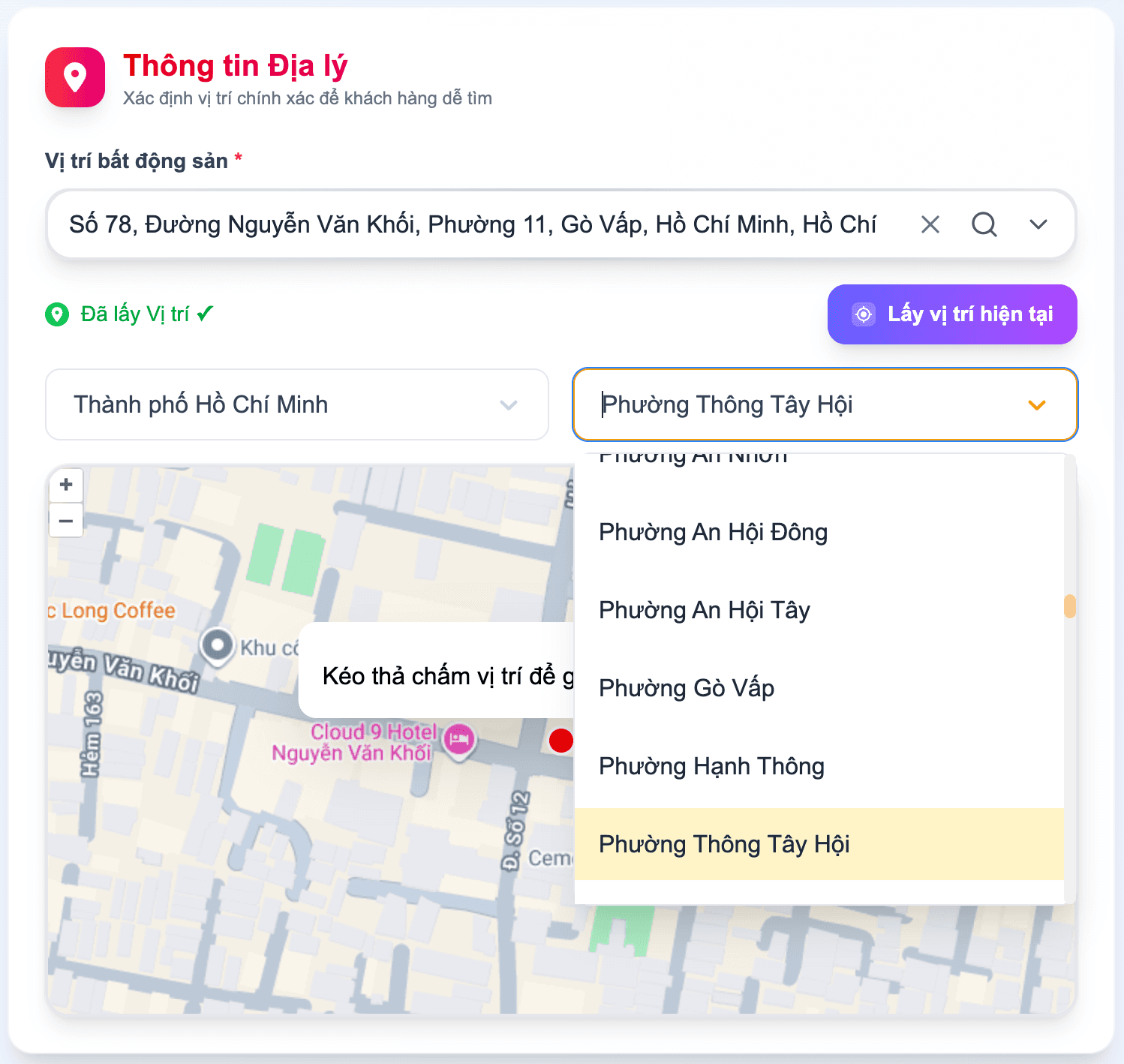Bước 9: Chọn phường/xã tương ứng
