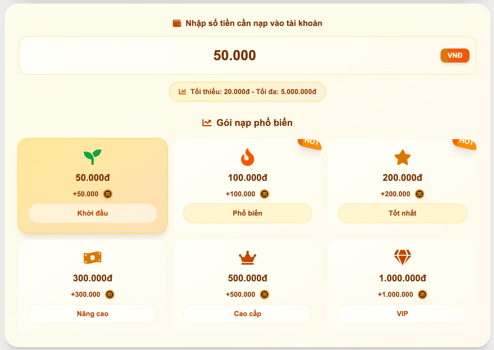Thanh toán mCoin - Bước 2: Nhập số tiền hoặc chọn gói nạp