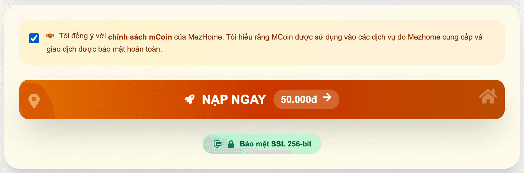 Thanh toán mCoin - Bước 4: Đồng ý chính sách và chọn NẠP NGAY