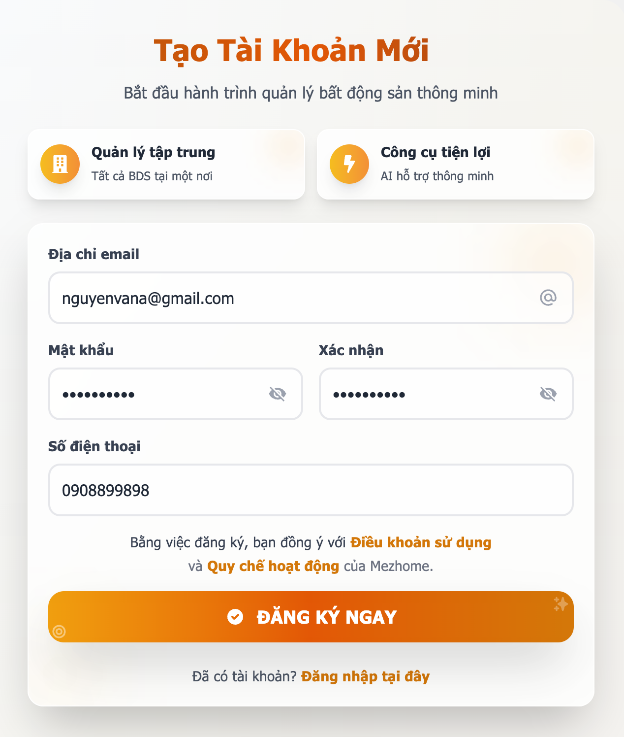 Bước 2: Nhập thông tin và chọn Đăng ký ngay