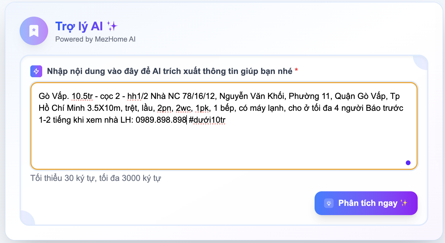 Bước 5: Điền nội dung vào Trợ lý AI và chọn Phân tích ngay