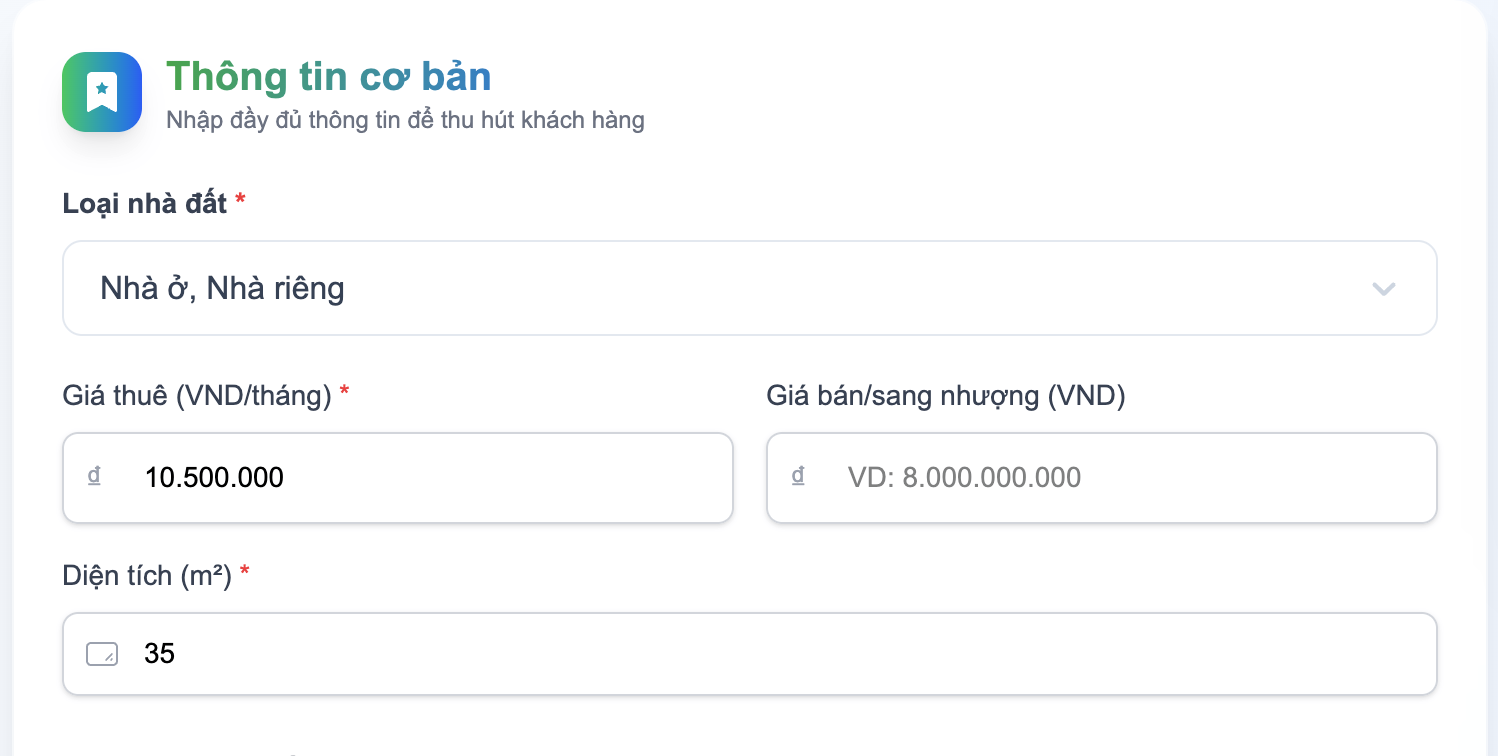 Bước 6: Chọn loại hình cho thuê, nhập giá và diện tích