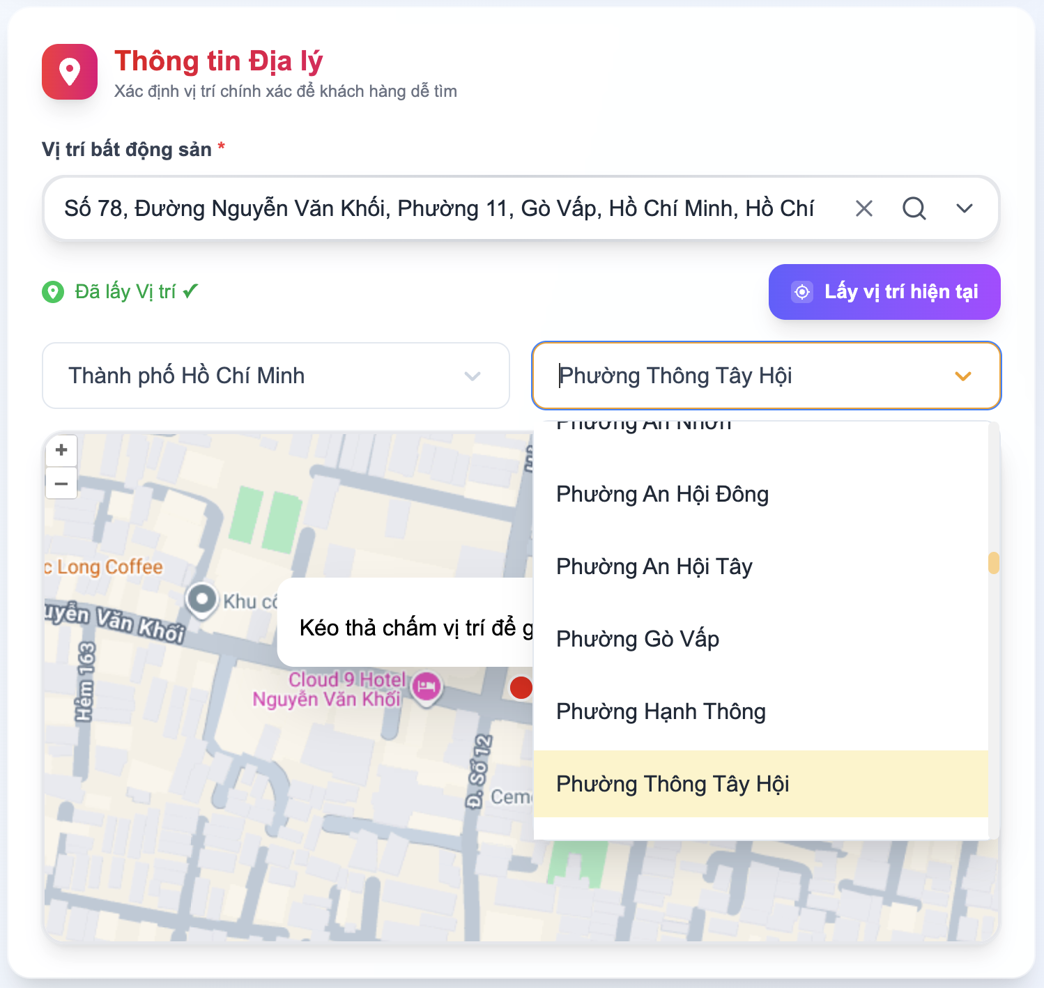 Bước 9: Chọn phường/xã tương ứng